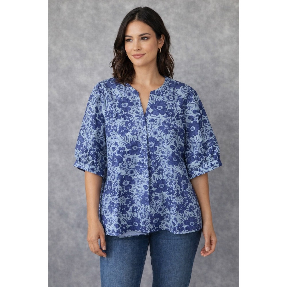 Bobeau Indigo Floral Pintuck Elbow Sleeve Maternity Top Blue Sz Medium